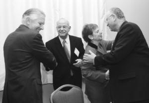UMass Lowell Chancellor Marty Meehan, left, celebrates the new partnership with BGU with (from left) UML Provost Ahmed Abdelal; Paula Rayman, director of UML's Middle East Center for Peace, Development and Culture and BGU Rector Prof. Zvi HaCohen